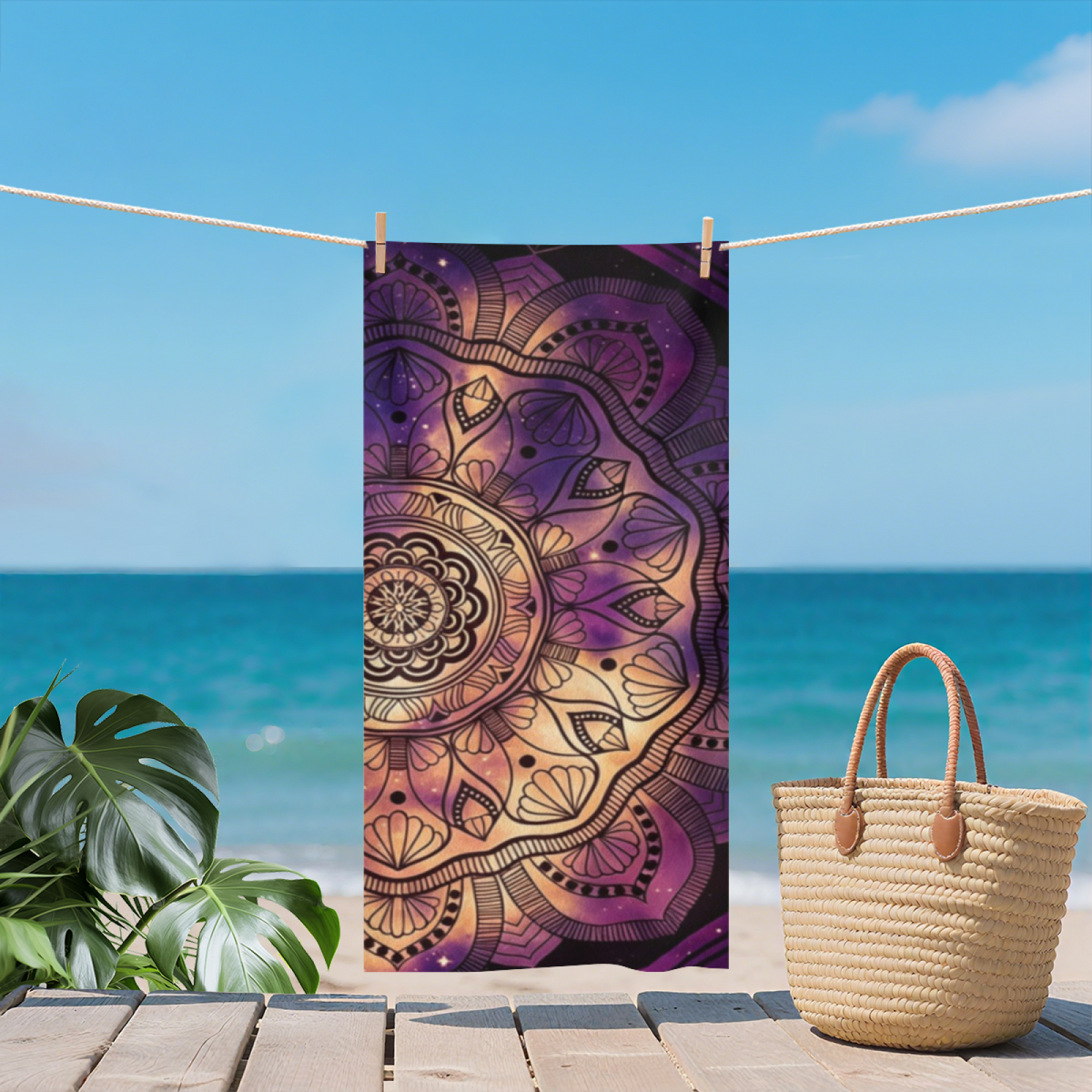 Luxury Purple Gold Galaxy Mandala Boho Beach Towel, Silky Luxe Soft & Heavy Water Absorption, Full Sizes Range, Comfortable Meditation Beach Pool Towel