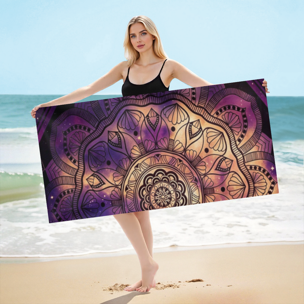 Luxury Purple Gold Galaxy Mandala Boho Beach Towel, Silky Luxe Soft & Heavy Water Absorption, Full Sizes Range, Comfortable Meditation Beach Pool Towel