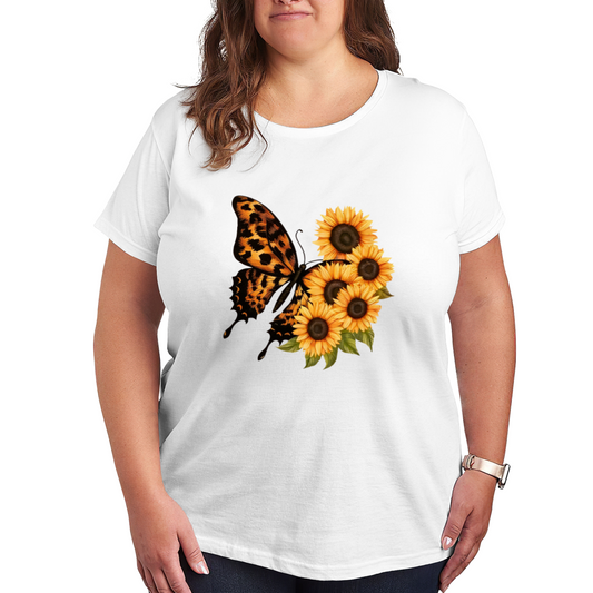 Wild Leopard Print Butterfly Sunflower Floral Plus Size Women¡¯s Printed T-Shirt