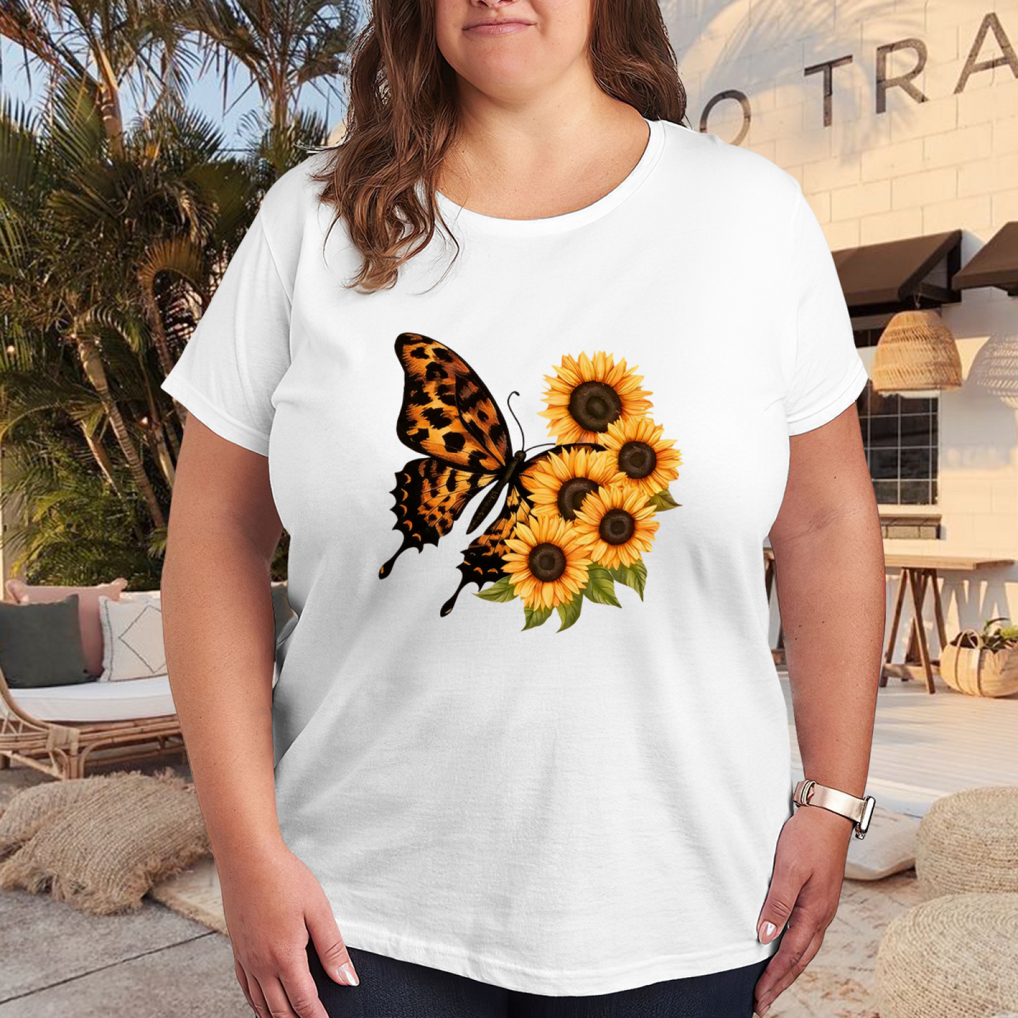 Wild Leopard Print Butterfly Sunflower Floral Plus Size Women¡¯s Printed T-Shirt
