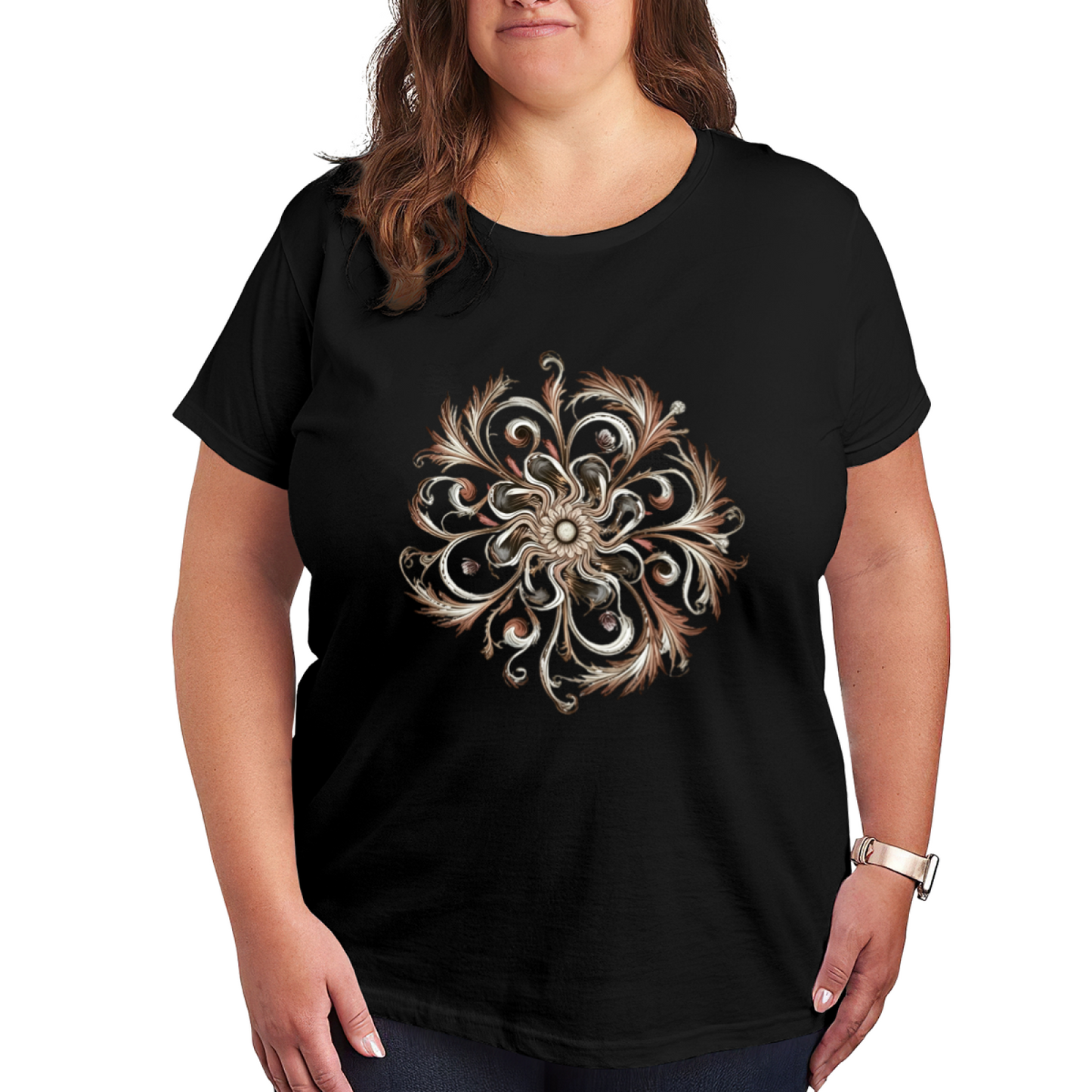Vintage Baroque Scroll Mandala Art Curvy Ladies Tee