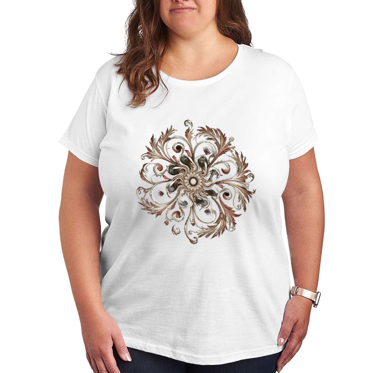 Vintage Baroque Scroll Mandala Art Curvy Ladies Tee