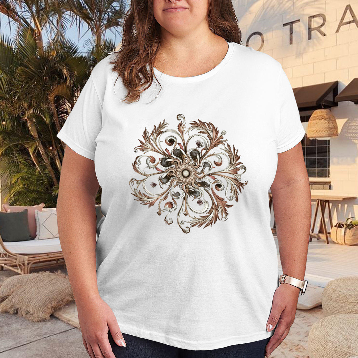 Vintage Baroque Scroll Mandala Art Curvy Ladies Tee