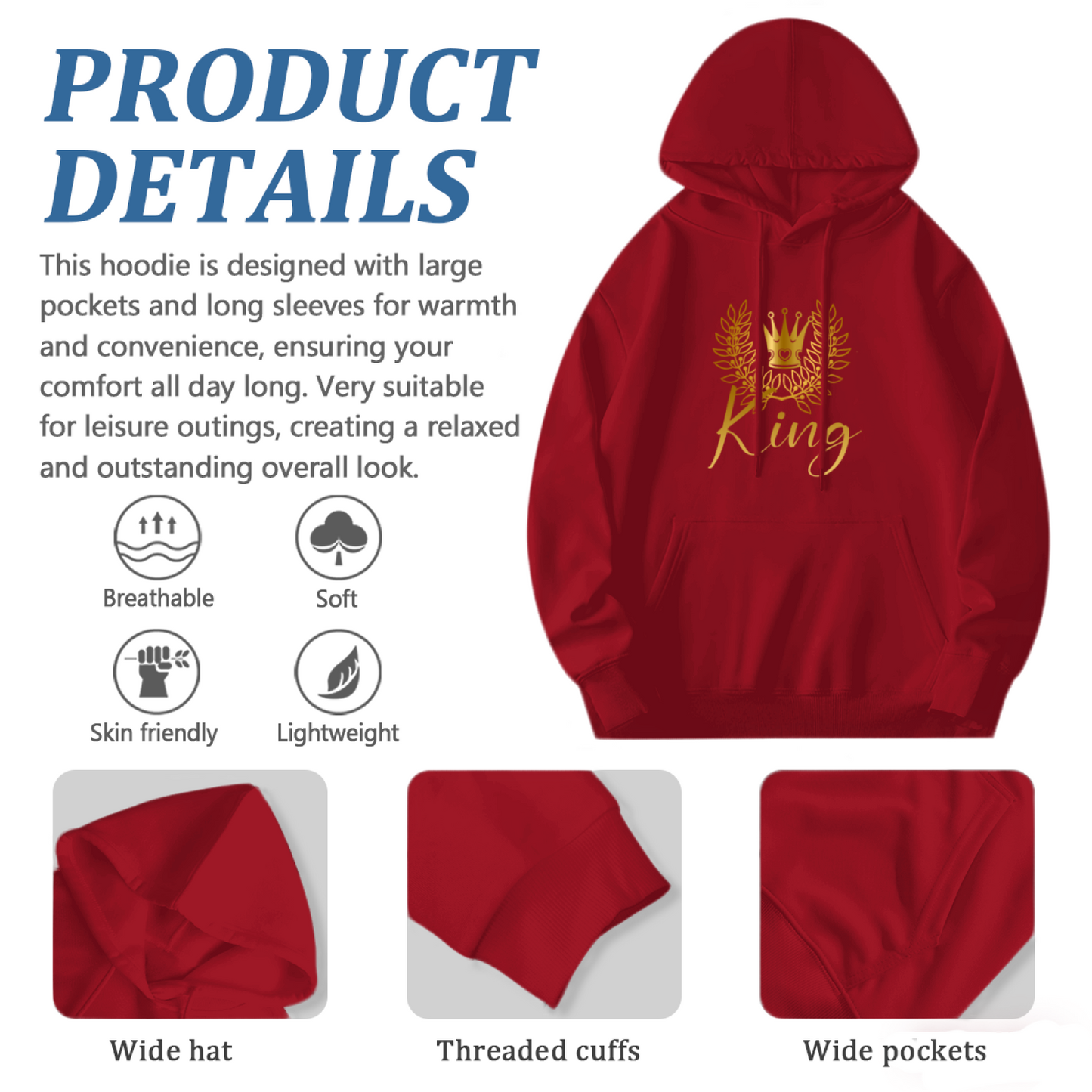 Golden King Crown Laurel Wreath Print Hoodie, Luxury Style Soft Comfort Sweatshirt
