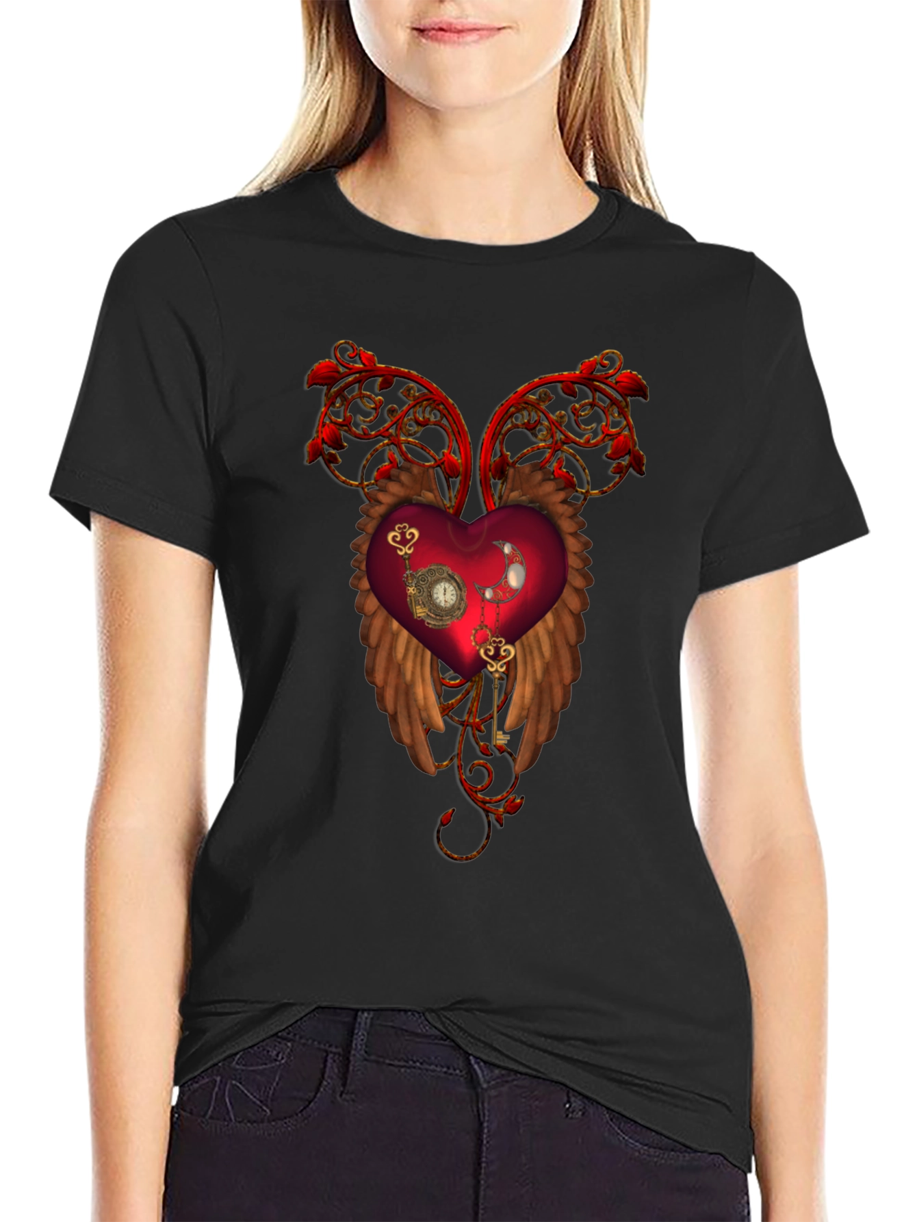 Steampunk Heart Wings Black T-Shirt