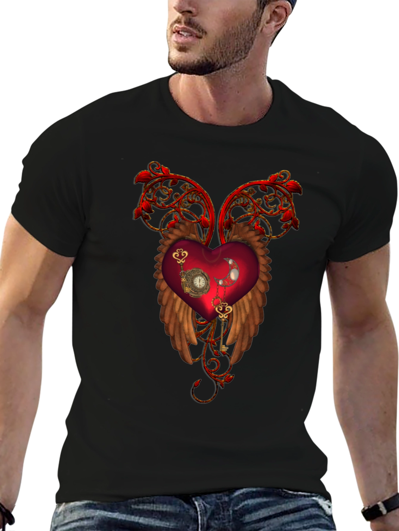 Steampunk Heart Wings Black T-Shirt