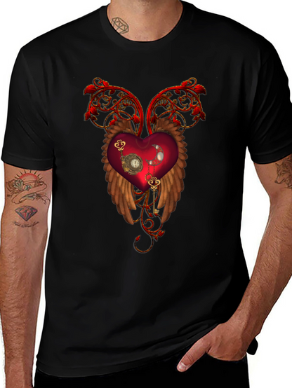 Steampunk Heart Wings Black T-Shirt