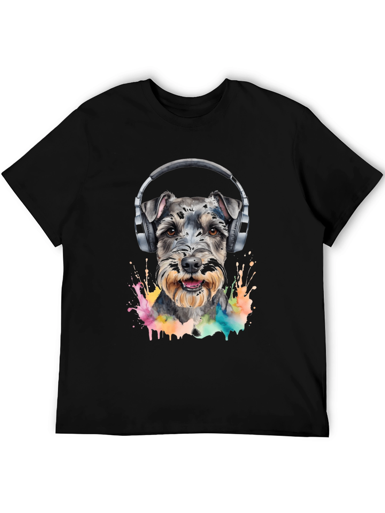 Dog Wearing Headphones Black T-Shirt