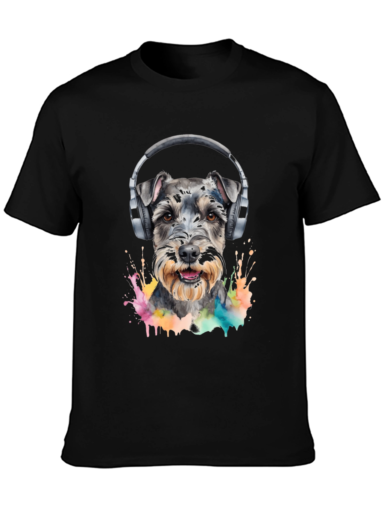 Dog Wearing Headphones Black T-Shirt