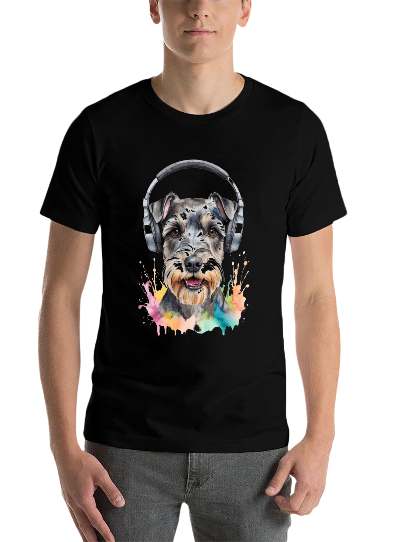 Dog Wearing Headphones Black T-Shirt