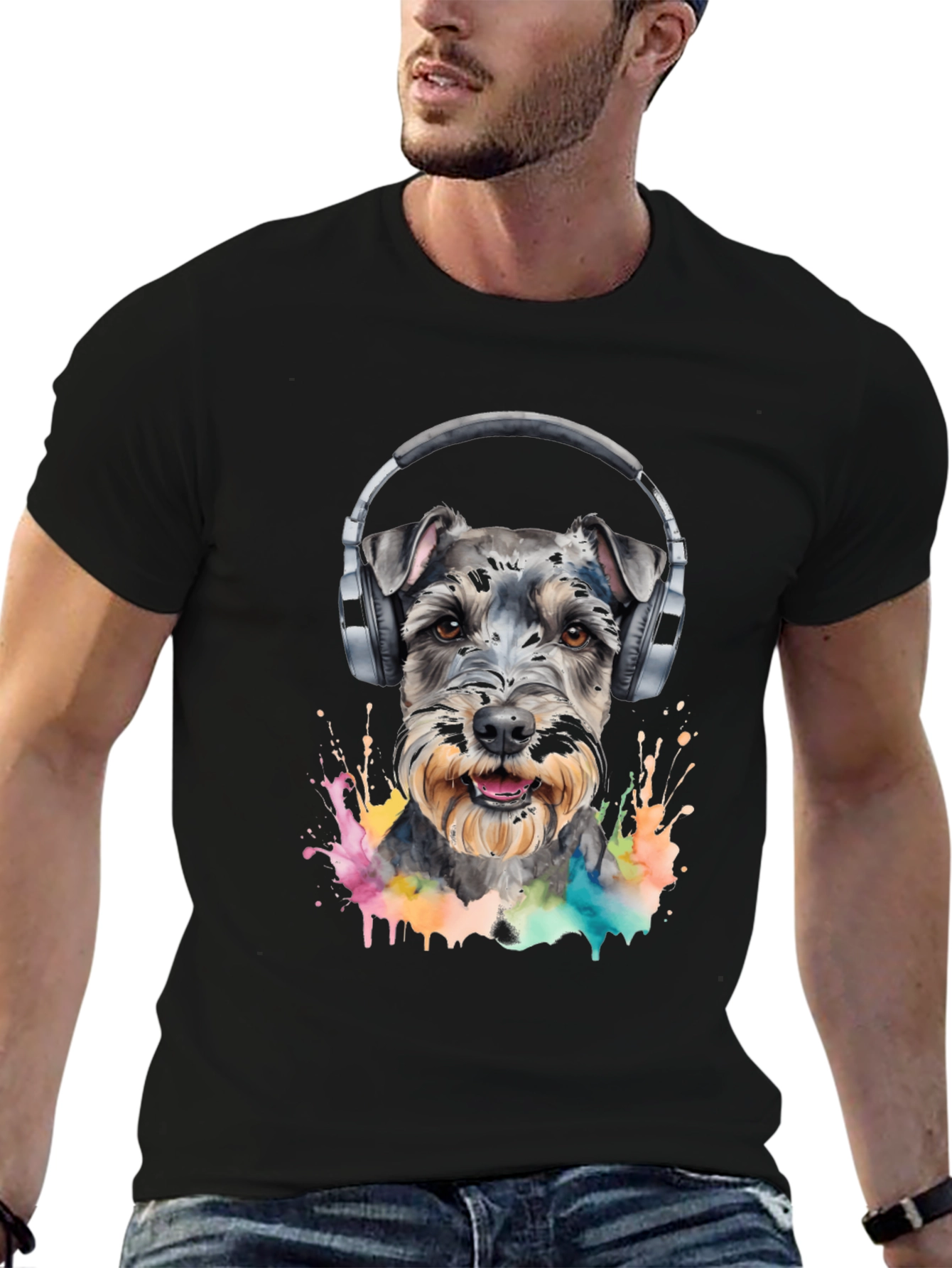 Dog Wearing Headphones Black T-Shirt