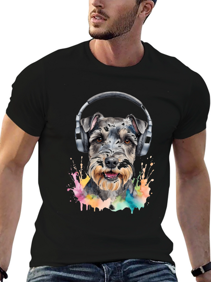 Dog Wearing Headphones Black T-Shirt
