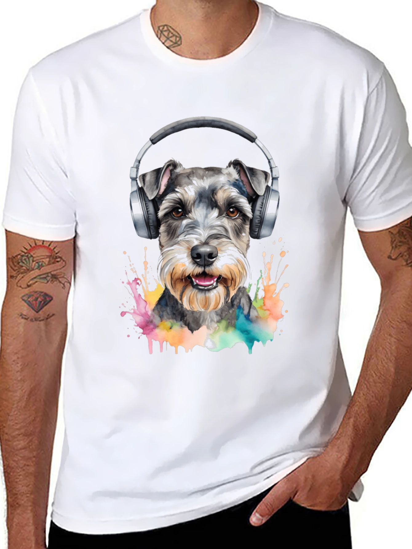 Dog Wearing Headphones Black T-Shirt