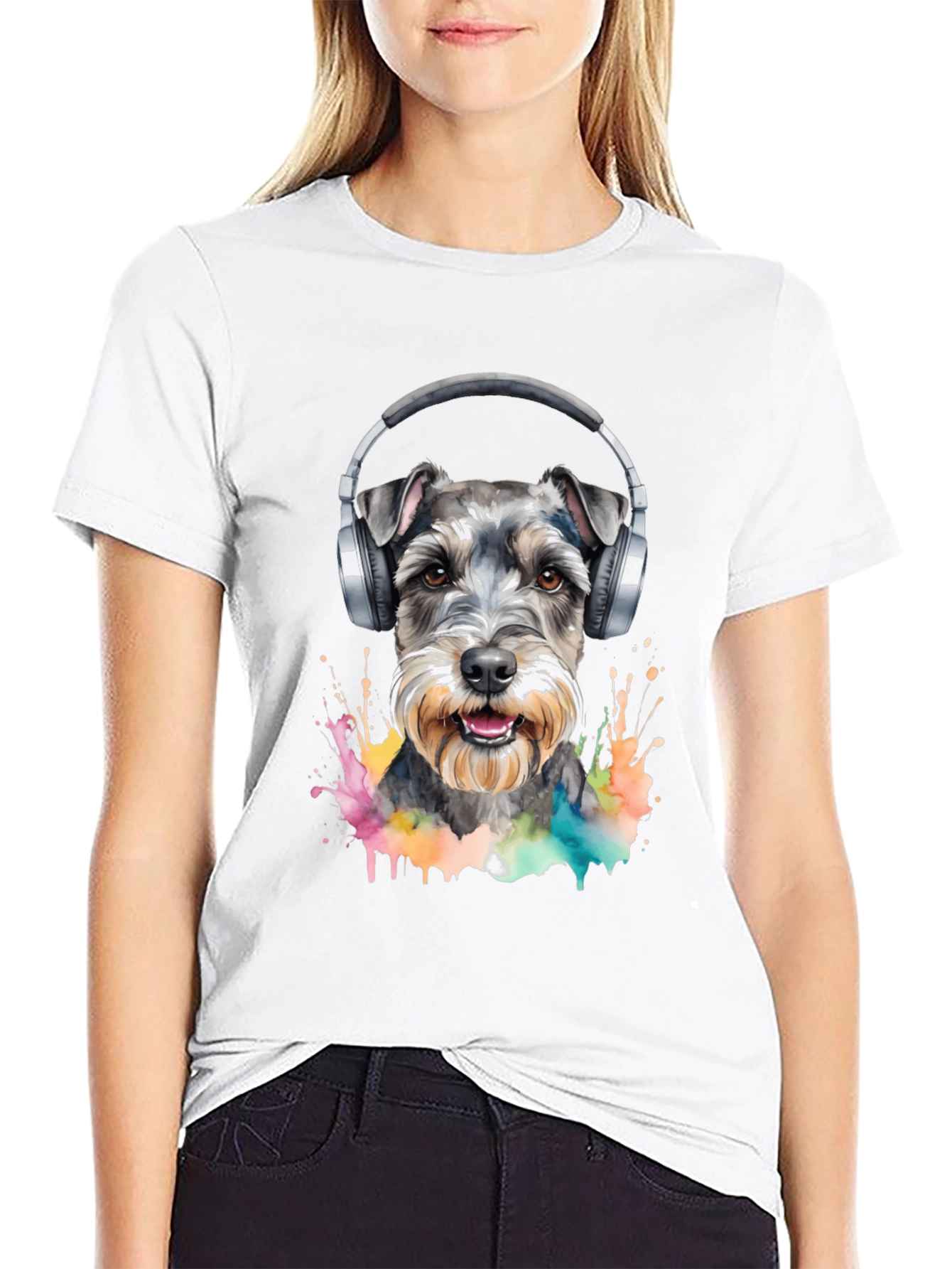 Dog Wearing Headphones Black T-Shirt
