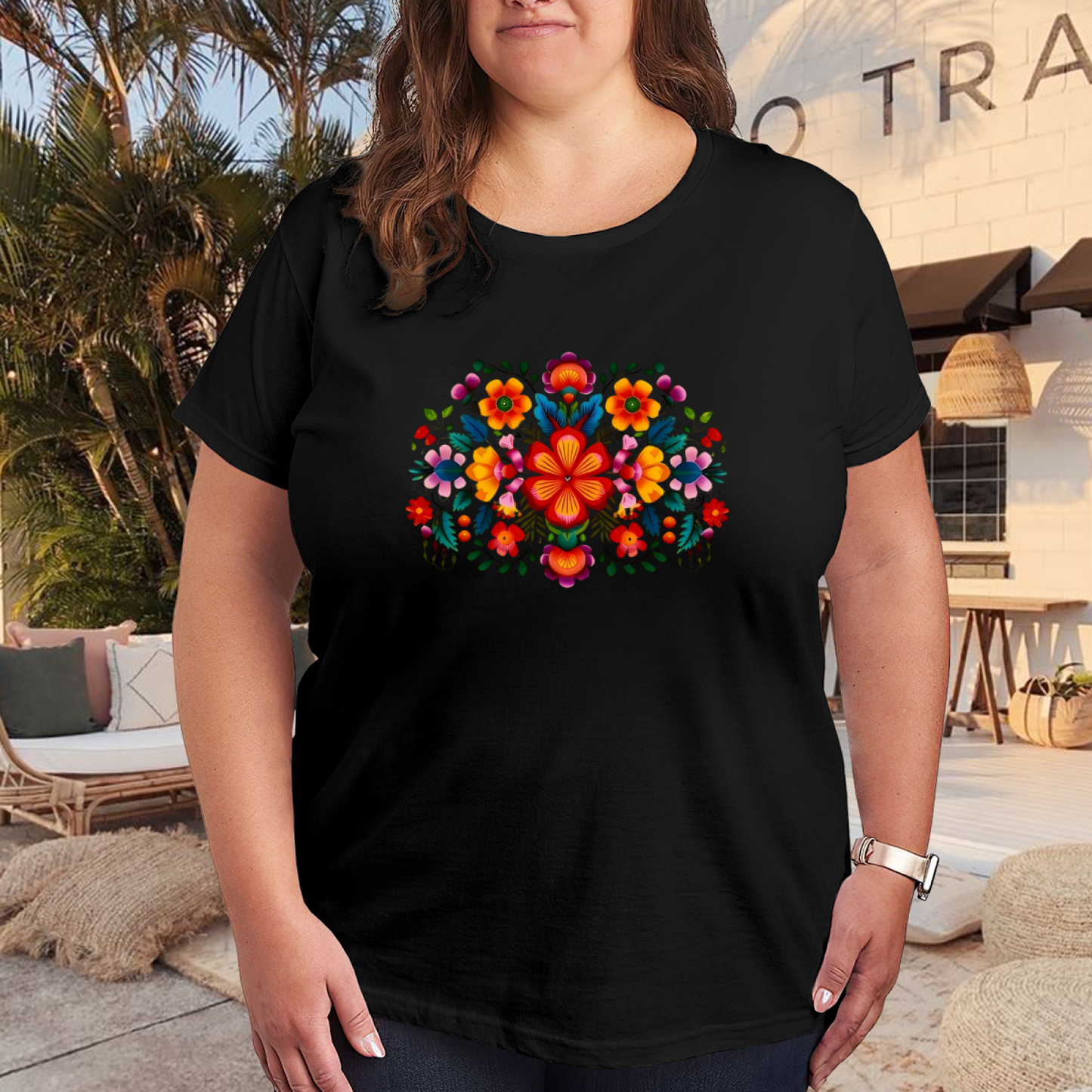 Traditional Mexican Otomi Colorful Floral Plus Size Women Tee
