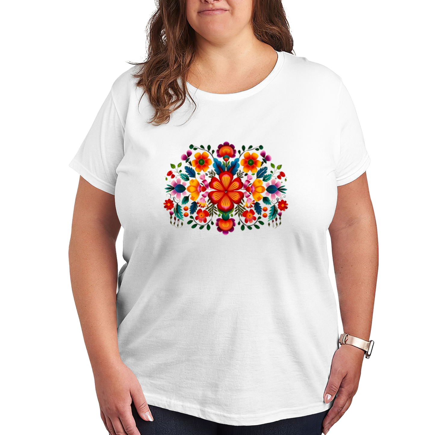 Traditional Mexican Otomi Colorful Floral Plus Size Women Tee
