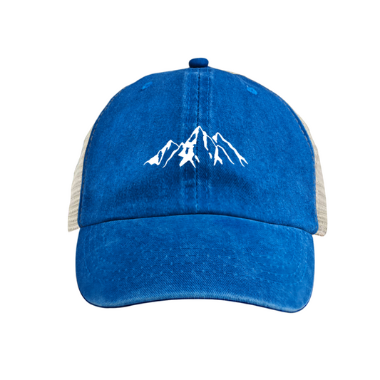 White Mountain Peak Silhouette Distressed Blue Mesh Trucker Hat, Mountain Outdoor Cap