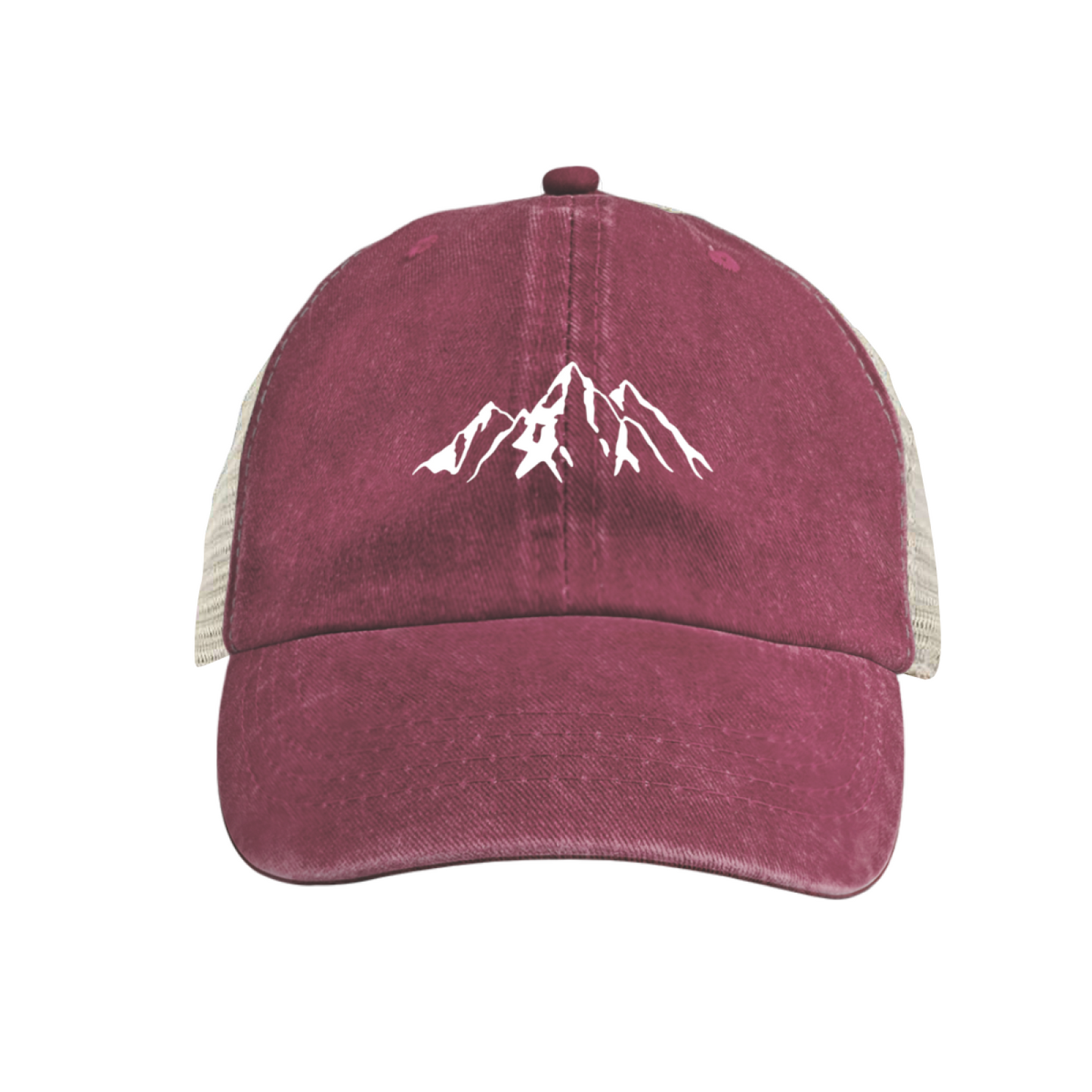 White Mountain Peak Silhouette Distressed Blue Mesh Trucker Hat, Mountain Outdoor Cap