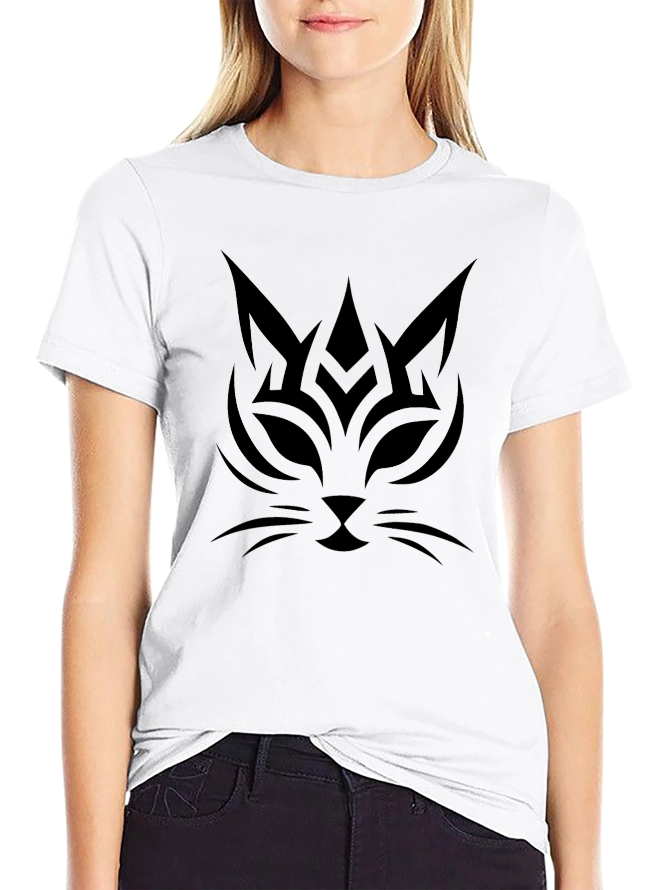Tribal Cat Graphic Tee - Black Cotton Comfort