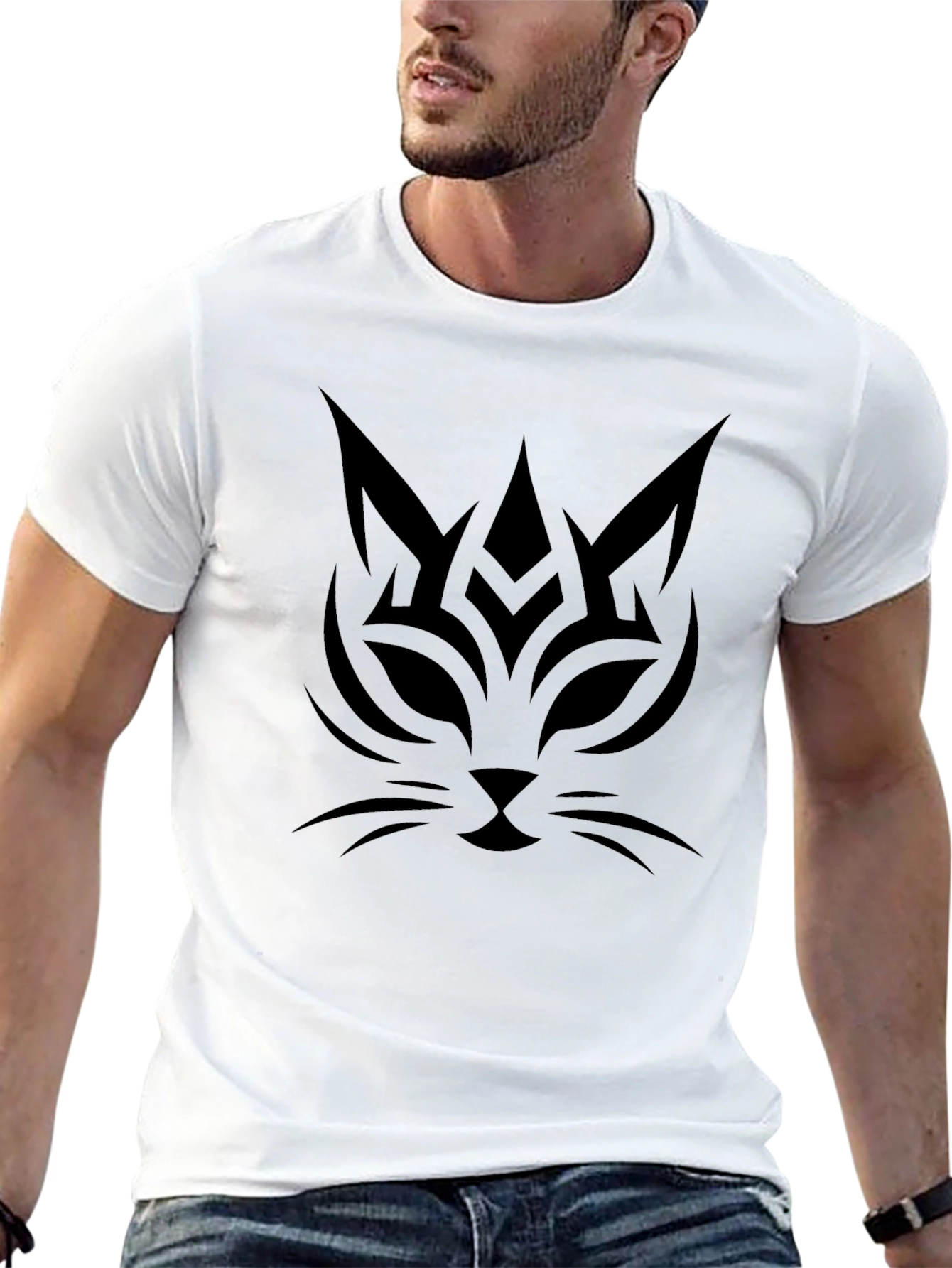 Tribal Cat Graphic Tee - Black Cotton Comfort