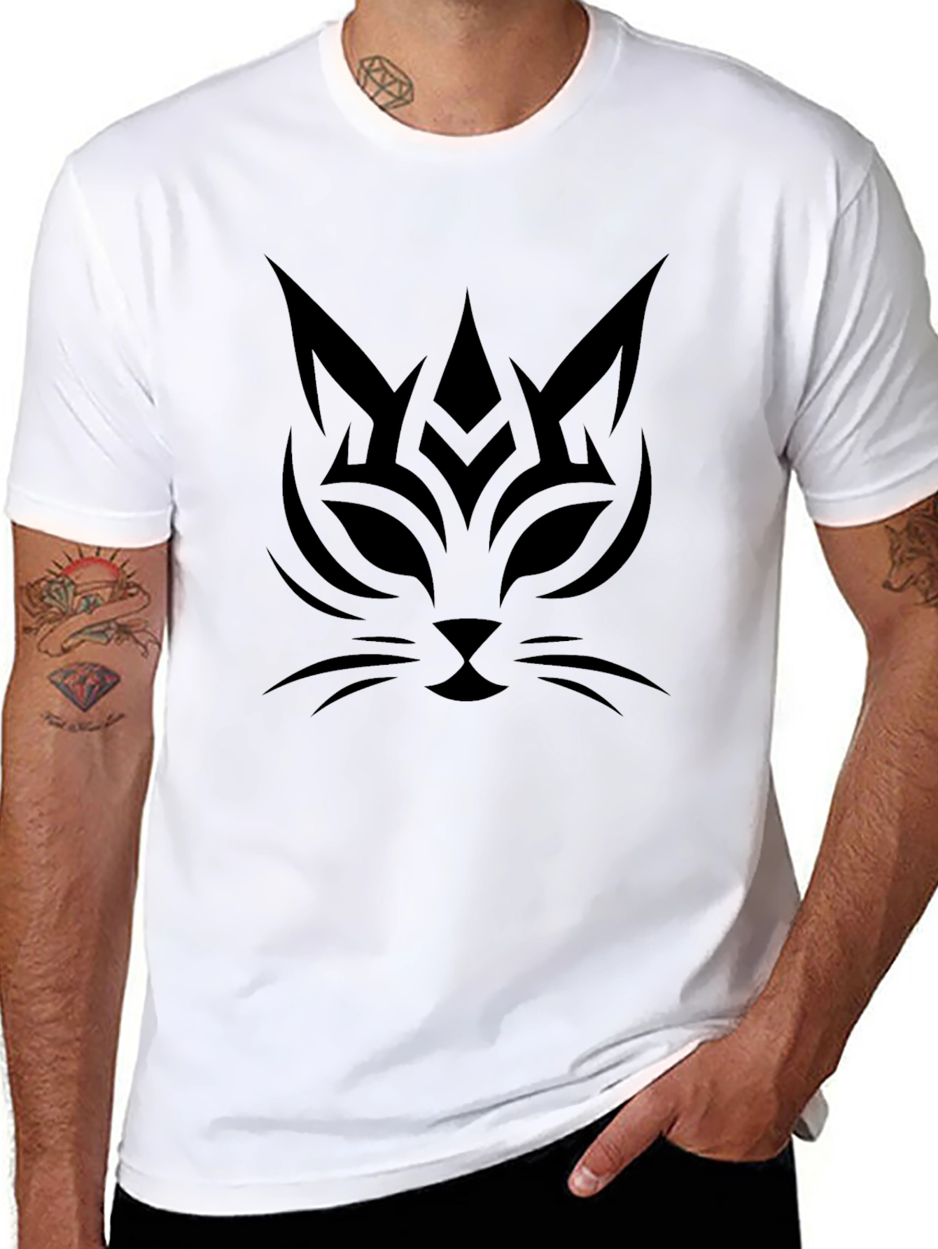 Tribal Cat Graphic Tee - Black Cotton Comfort
