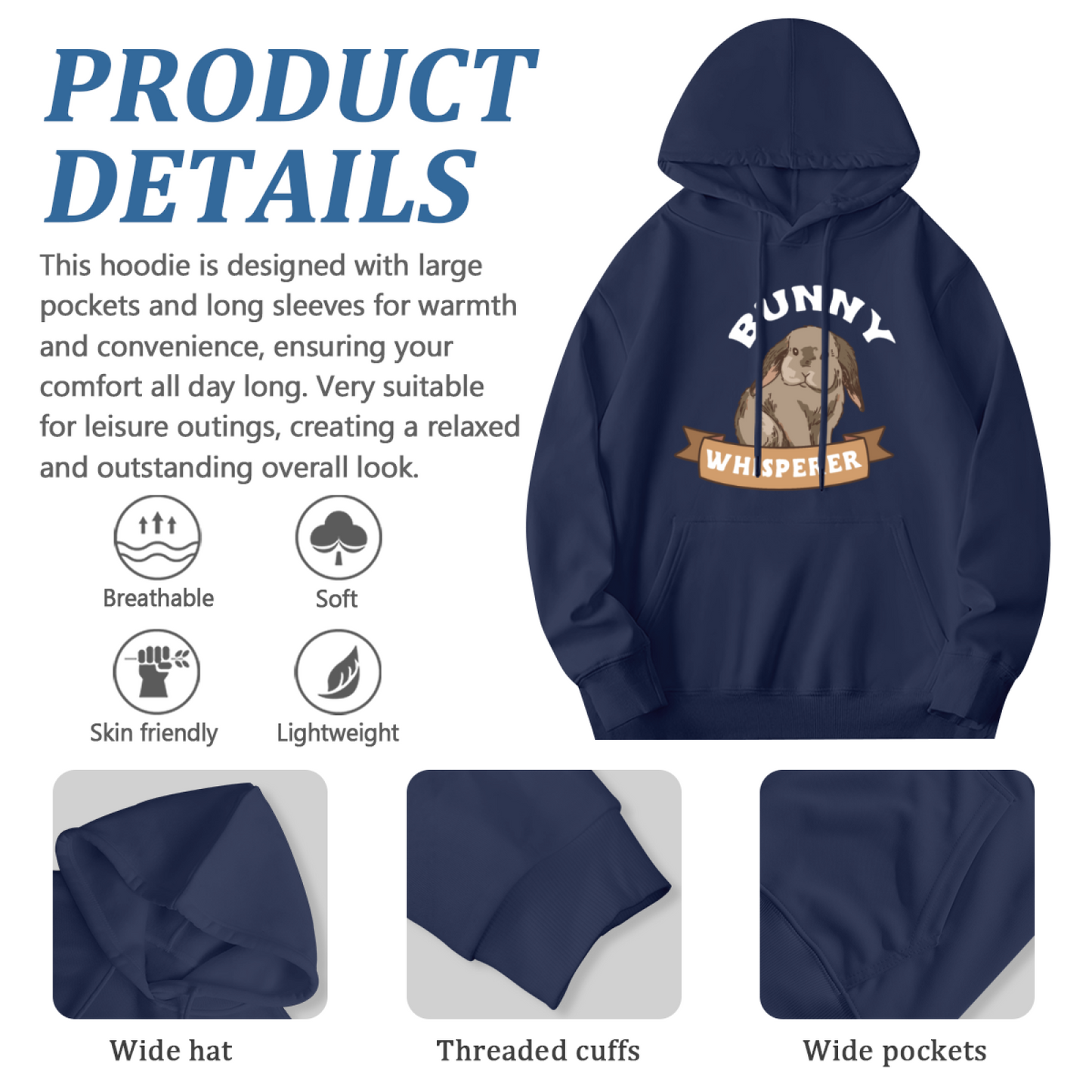 Cute Bunny Whisperer Animal Print Navy Hoodie, Unisex Soft Relax Comfort Hoodie