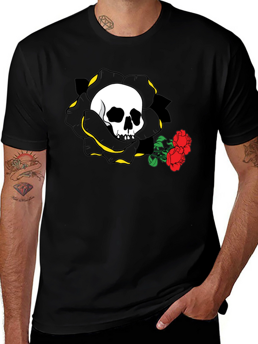 Skull and Roses Graphic Tee - Black Cotton Casual Shirt