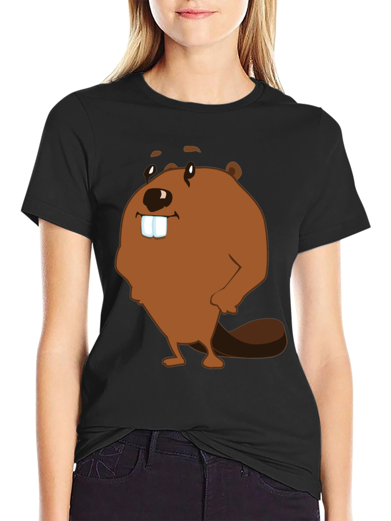 Funny Beaver Cartoon Graphic Print T-Shirt