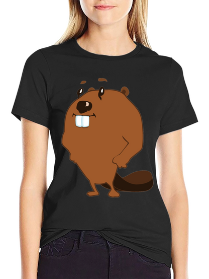 Funny Beaver Cartoon Graphic Print T-Shirt