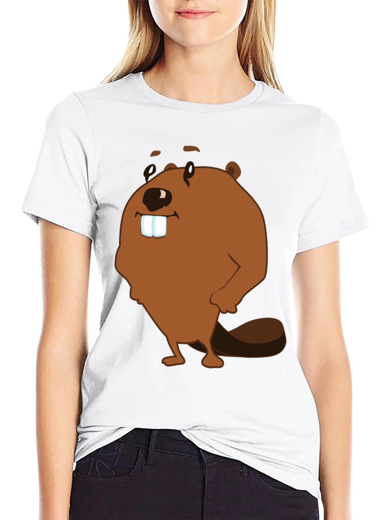 Funny Beaver Cartoon Graphic Print T-Shirt