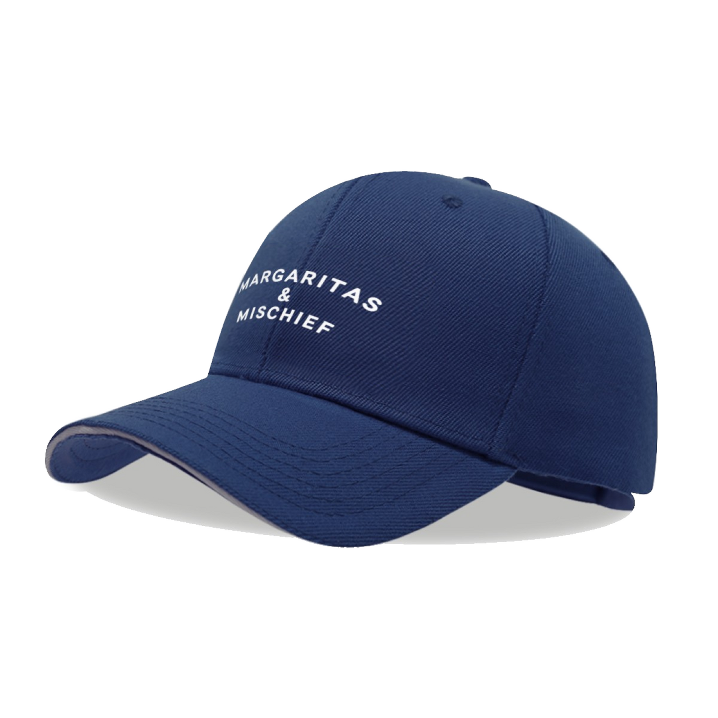 Margaritas & Mischief Fun Quote Navy Sandwich Baseball Cap, Girls Trip Party Sun Hat