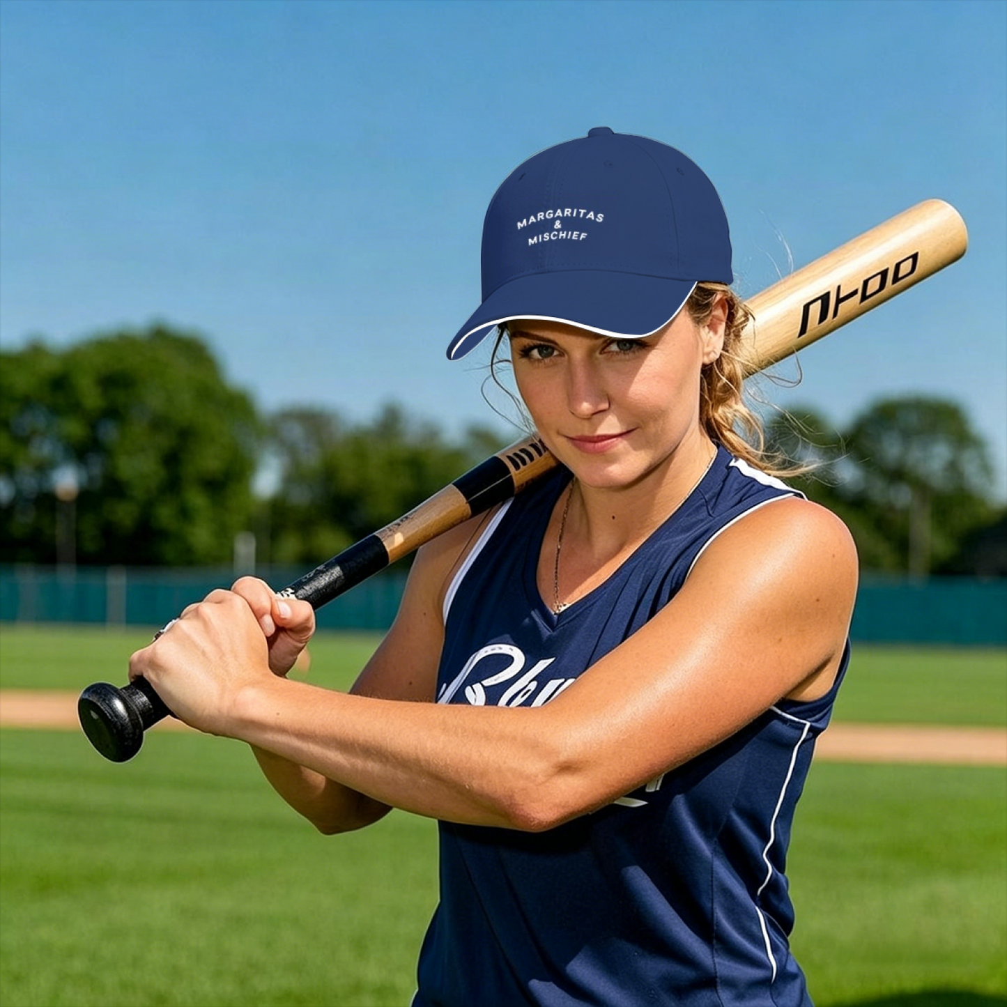 Margaritas & Mischief Fun Quote Navy Sandwich Baseball Cap, Girls Trip Party Sun Hat