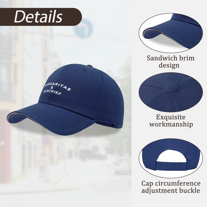 Margaritas & Mischief Fun Quote Navy Sandwich Baseball Cap, Girls Trip Party Sun Hat
