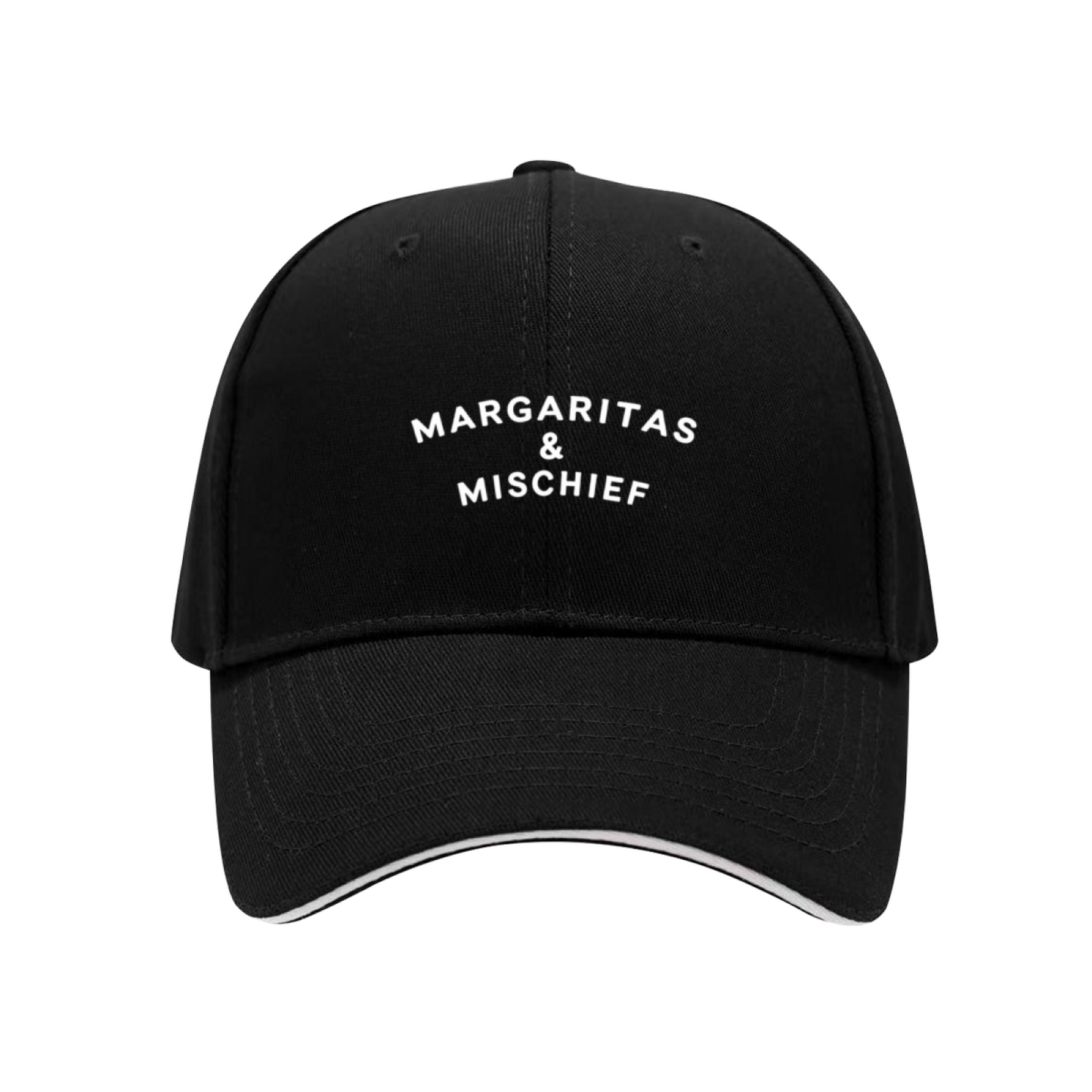 Margaritas & Mischief Fun Quote Navy Sandwich Baseball Cap, Girls Trip Party Sun Hat