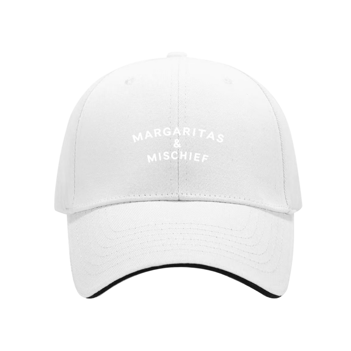 Margaritas & Mischief Fun Quote Navy Sandwich Baseball Cap, Girls Trip Party Sun Hat