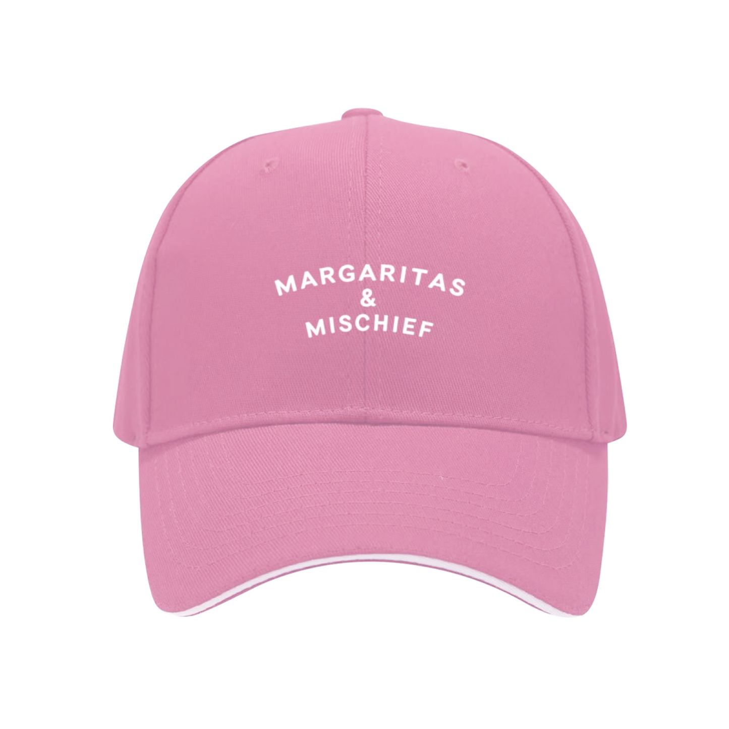 Margaritas & Mischief Fun Quote Navy Sandwich Baseball Cap, Girls Trip Party Sun Hat
