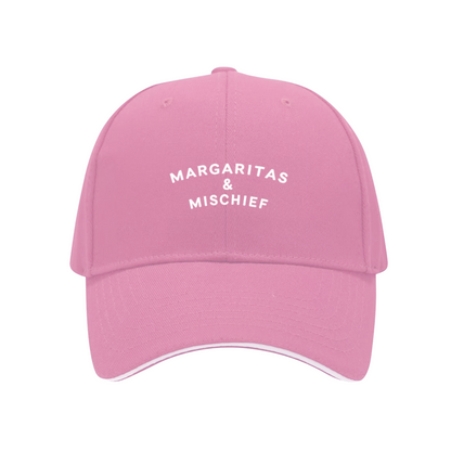 Margaritas & Mischief Fun Quote Navy Sandwich Baseball Cap, Girls Trip Party Sun Hat