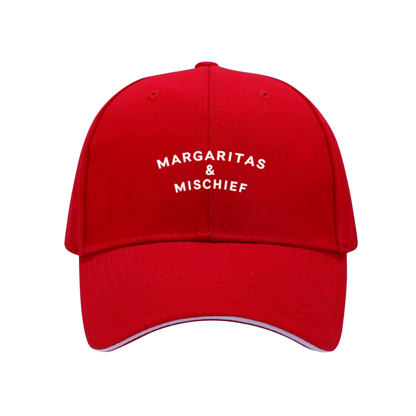 Margaritas & Mischief Fun Quote Navy Sandwich Baseball Cap, Girls Trip Party Sun Hat