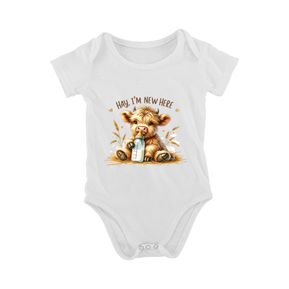 Hay I¡¯m New Here Highland Cow Newborn Baby Onesie
