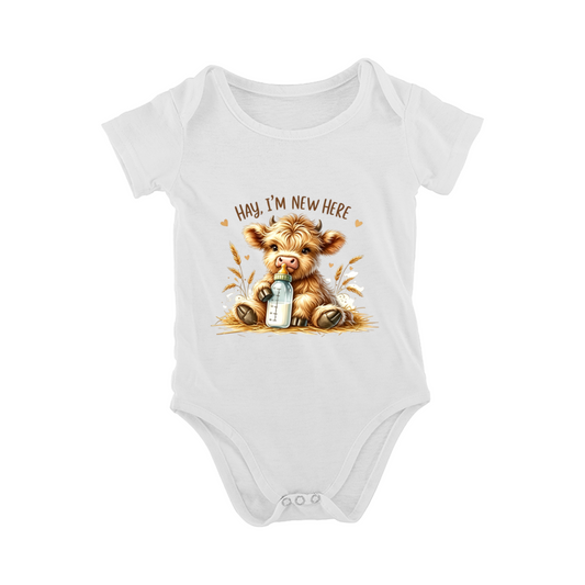 Hay I¡¯m New Here Highland Cow Newborn Baby Onesie