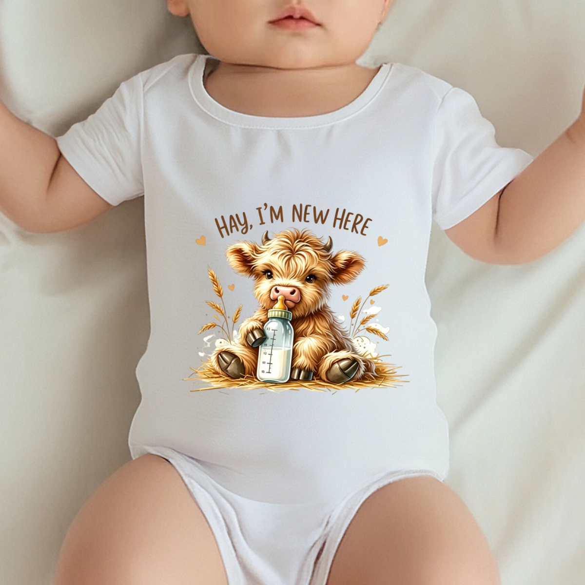 Hay I¡¯m New Here Highland Cow Newborn Baby Onesie
