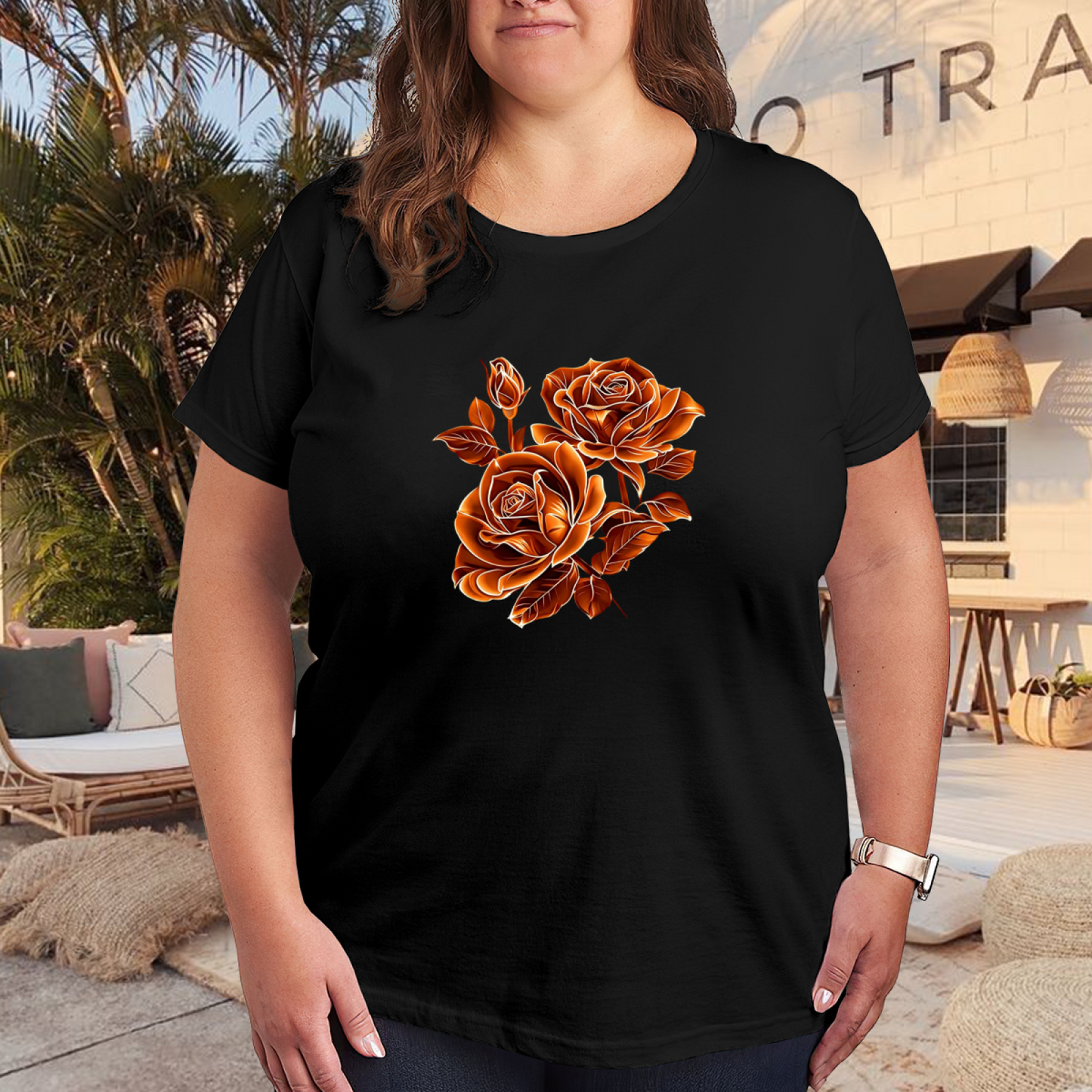 Vintage Burnt Orange Roses Graphic Plus Size Women Printed T-Shirt