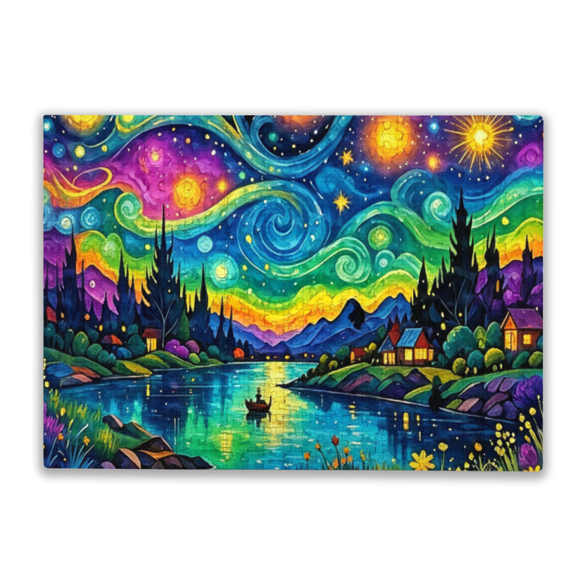 Colorful Starry Night River Valley Fantasy Van Gogh Style Puzzle