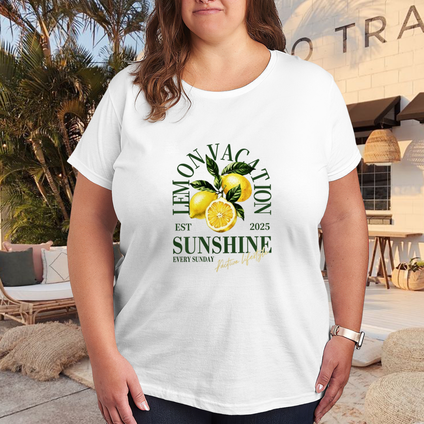 LEMON ON VACATION Sunshine Summer Fruit Retro Letter Print Plus Size Women¡¯s T-Shirt