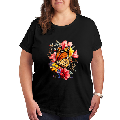Monarch Orange Butterfly Vivid Spring Flowers Plus Size Women's Printed T-Shirt