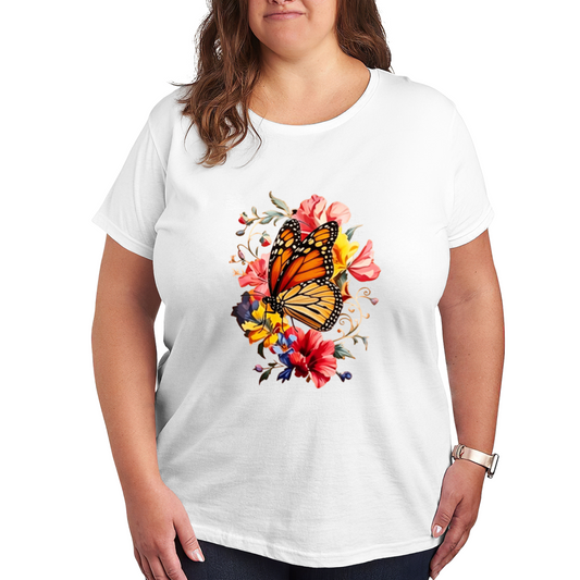 Monarch Orange Butterfly Vivid Spring Flowers Plus Size Women's Printed T-Shirt