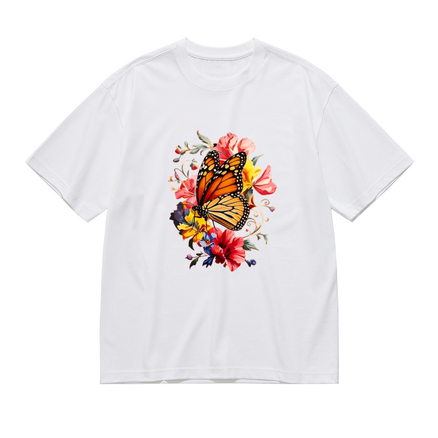Monarch Orange Butterfly Vivid Spring Flowers Plus Size Women's Printed T-Shirt