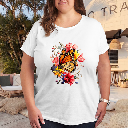 Monarch Orange Butterfly Vivid Spring Flowers Plus Size Women's Printed T-Shirt