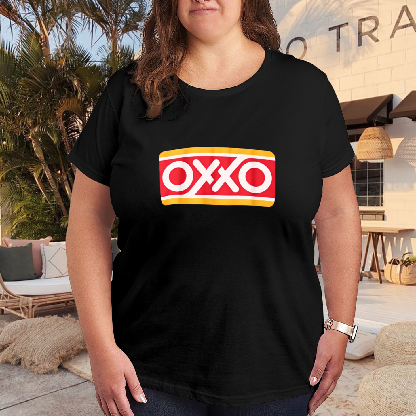 Classic OXXO Store Logo Bold Print Plus Size Ladies Black Short Sleeve T-Shirt