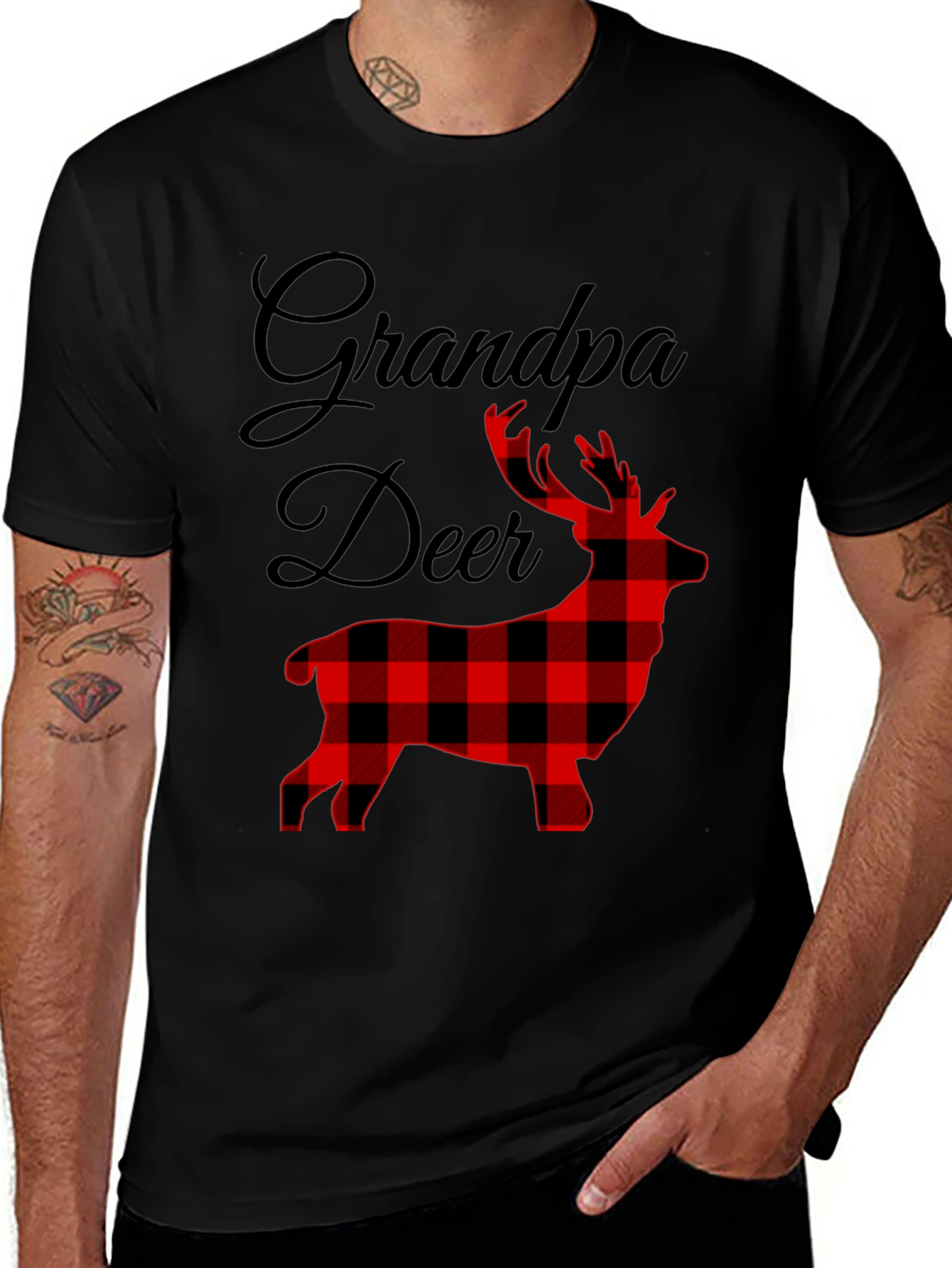 Grandpa Deer Plaid Graphic T-Shirt